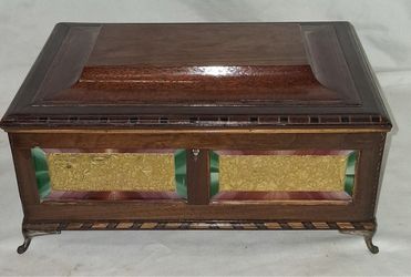 Vintage Masonic Marquetry Inlaid Wood Jewelry Box American Flag Sunburst 11"