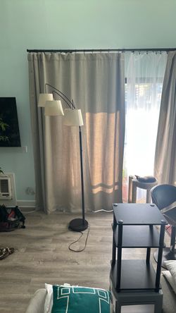 8 ft tall Brown Arch Floor Lamp with Three 11” beige lamp shades