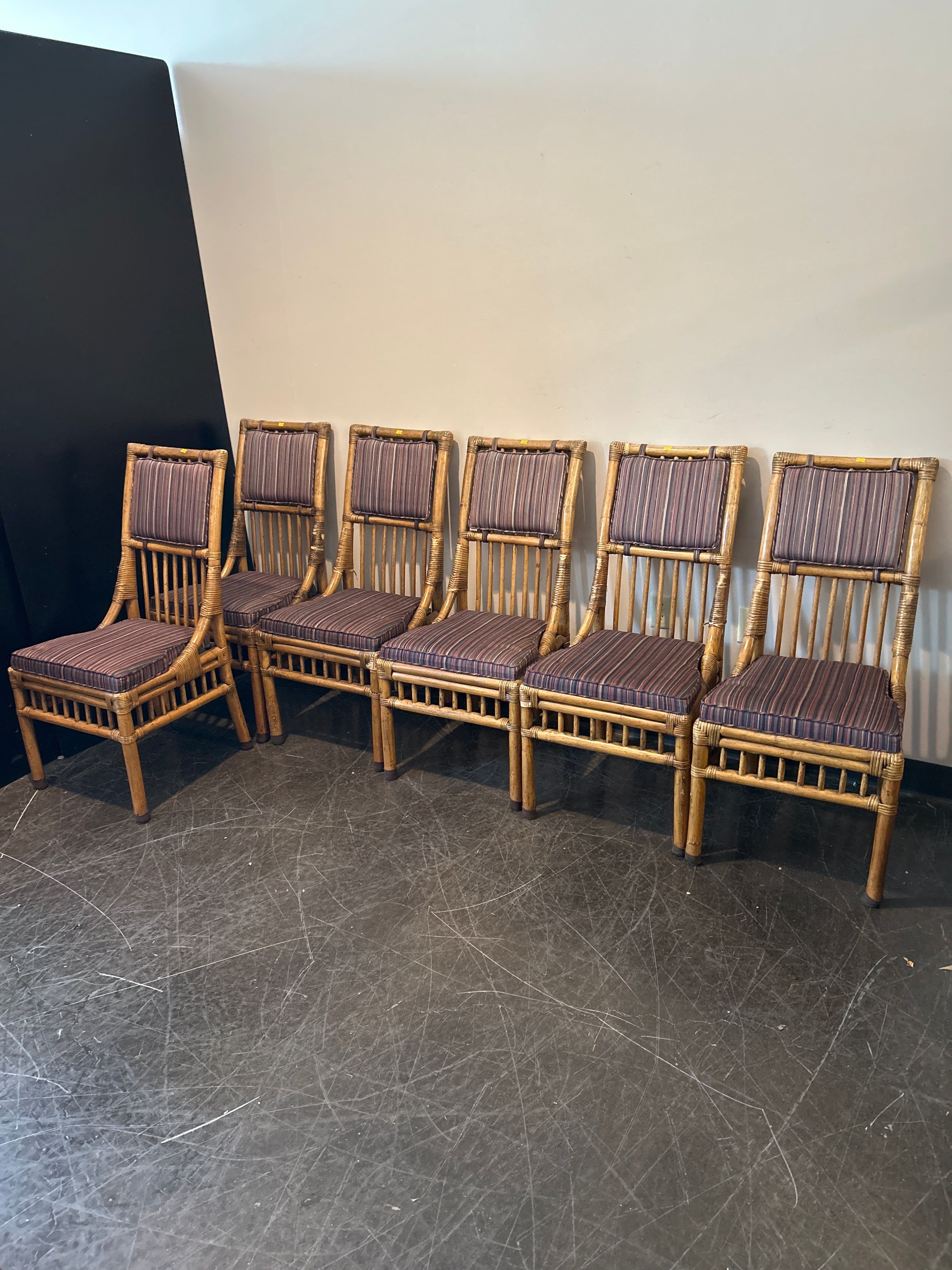 Henredon Bamboo Rattan Dining Chair Set – Striped Cushion, Armless