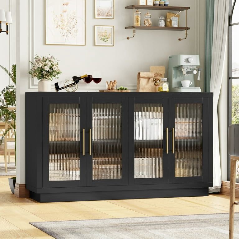 Modern Sideboard Buffet with Fluted Glass Doors, Accent Cabinet Console Table TV Stand, Black