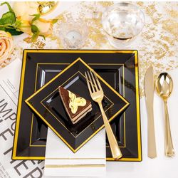 350Pcs Black and Gold Plastic Plates-50Guests Disposable Square Black Dinnerware Set include 100 Plastic Plates,50Cups,150Plastic Cutlery,50Napkins fo