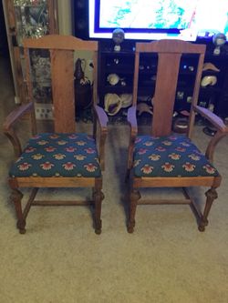 Antique oak high back arm chairs (pair)