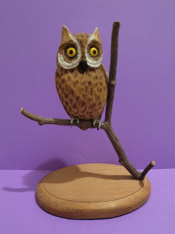 Vintage Handmade wooden owl sculpture on a tree branch, 8"
Signed