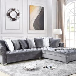 Lara Gray Velvet RAF Oversized Sectional /couch /Living room set (Free Assembly in Houston)
