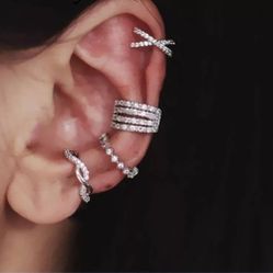 A set of 4 four 925 sterling silver women's lady's diamond ear cuff cuffs studs earrings gift. 