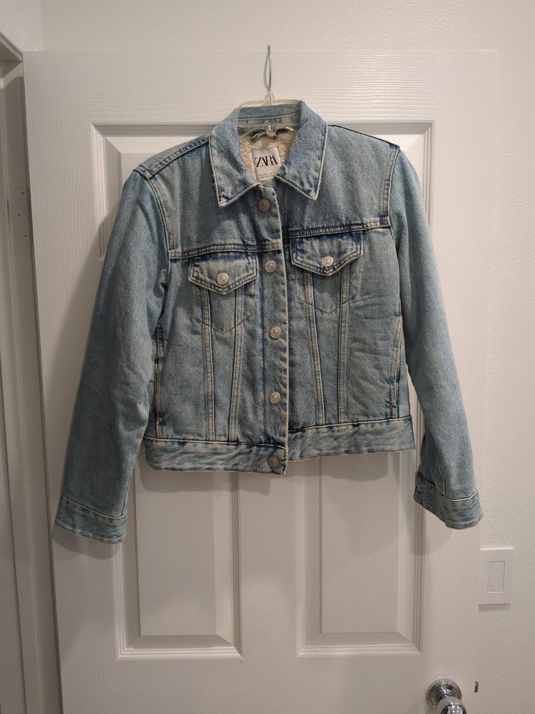 ZARA Women’s Sherpa Denim Jacket Blue Size Medium