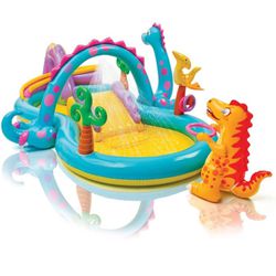 Intex 11ft x 7.5ft x 44in Dinoland Backyard Play Center Kiddie Inflatable Swimming Pool with Slide, Dino Arch Water Sprayer and Games for Ages 2 and U