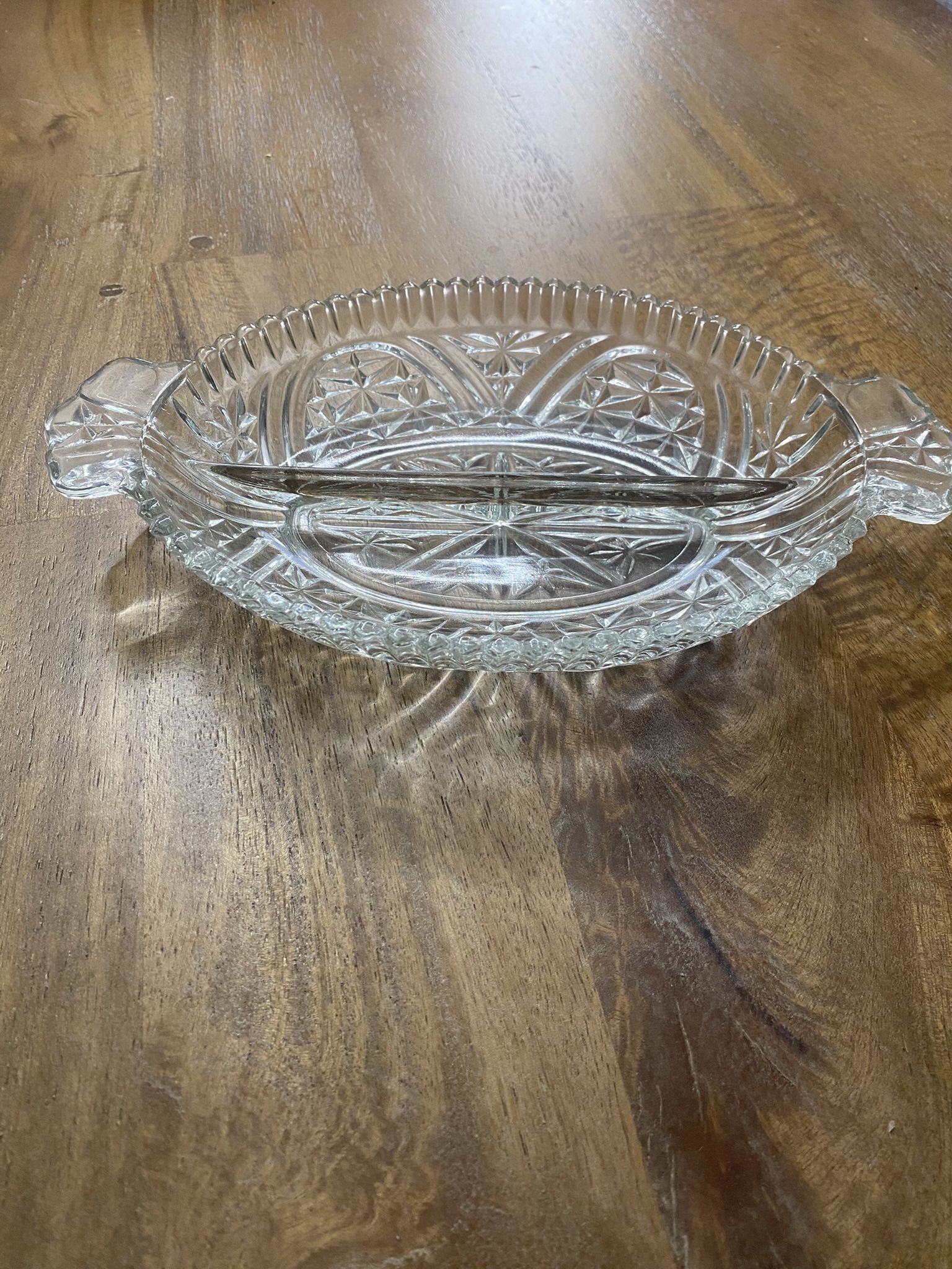 Vintage Anchor Hocking Stars and Bars oval pressed glass divided relish dish