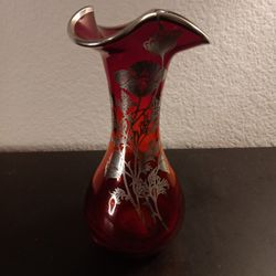 STUNNING VTG Ruby Red with Silver Rim & Floral Overlay 7" Vase.


