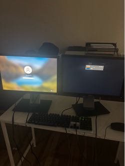 Double Dell monitor desktop and printer combo