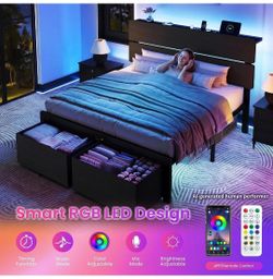 Queen Size  Bed Frame Led Frame, 2 Storage Drawers, Charging Station, Black
Heavy Duty Metal Slats Support, Platform Bed with Wooden Storage Headboard