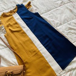 Mustard Yellow, White And Blue Stripe