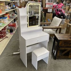 Modern White Vanity Desk with LED Mirror & Padded Stool, Compact Makeup Dressing