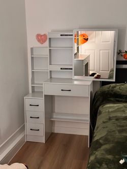 White Vanity Desk with Mirror and Drawers