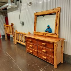 Log Queen  Bed Frame And Log Dresser And Mirror 