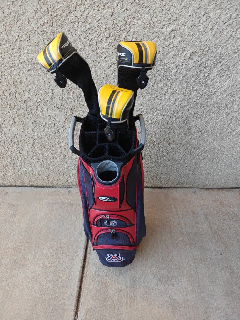 Golf Bag and TaylorMade 3 Wood, 5 Wood and 4 Hybrid