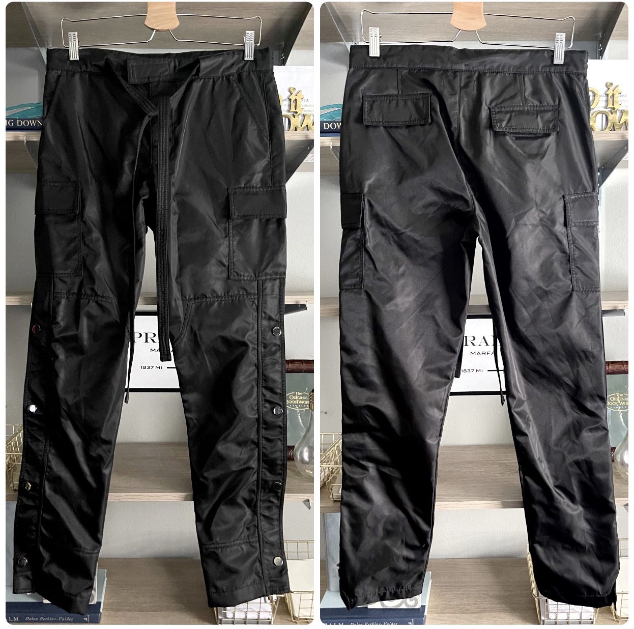 New! Mens Alpha Dog satin Snap Cargo Pants Retail $200 Size M. Designed with a blend of 3 fabrics, with cargo pockets at the side seam, 4 snap closure
