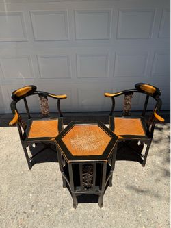 Vintage Chinese Chippendale 3 Pc Conversation Set Chairs Hexagon Table Local PU