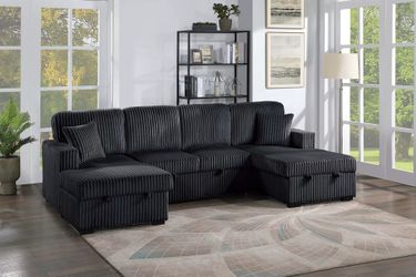 🎪 Sectional Sofa  w/ Pull-Out Bed, Storage Chaise , Black Corduroy, New In Box.