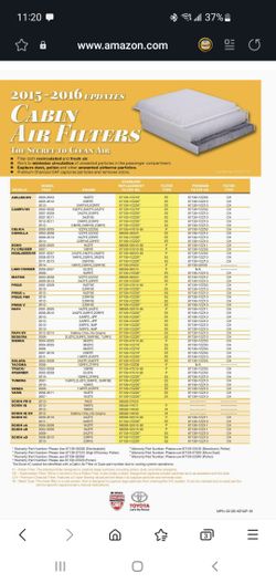 Toyota Cabin Filter, Check Chart On Picture