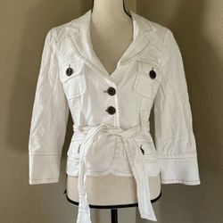 BEBE Off White Cotton Stretch 3-Button 3/4 Sleeve Belted Blazer Jacket USA Sz 8