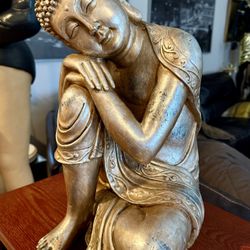 16” Brushed Silver Gautama Resting/Sleeping Thinking Buddha Statue Figure