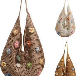 Color KHAKI Women's Boho Embroidery Crossbody Bag Hollow Out Crochet Knit Shoulder Bag Tote Handbag