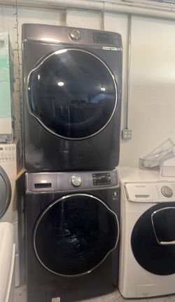 Samsung Front Load Washer & Dryer Set — Black Stainless, Steam, Stackable