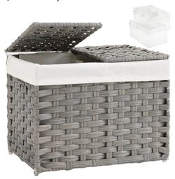 Storage Basket with Lid Woven Wicker Baskets with 2 Separate Lid, 9.2 Gallon (35 L) Wicker Storage Bins with Handles, Foldable and 2 Removable Liner B