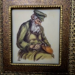 Vintage Artini etched engraving depicting a cobbler, often titled "Old Jewish Shoemaker" 10"×11". 