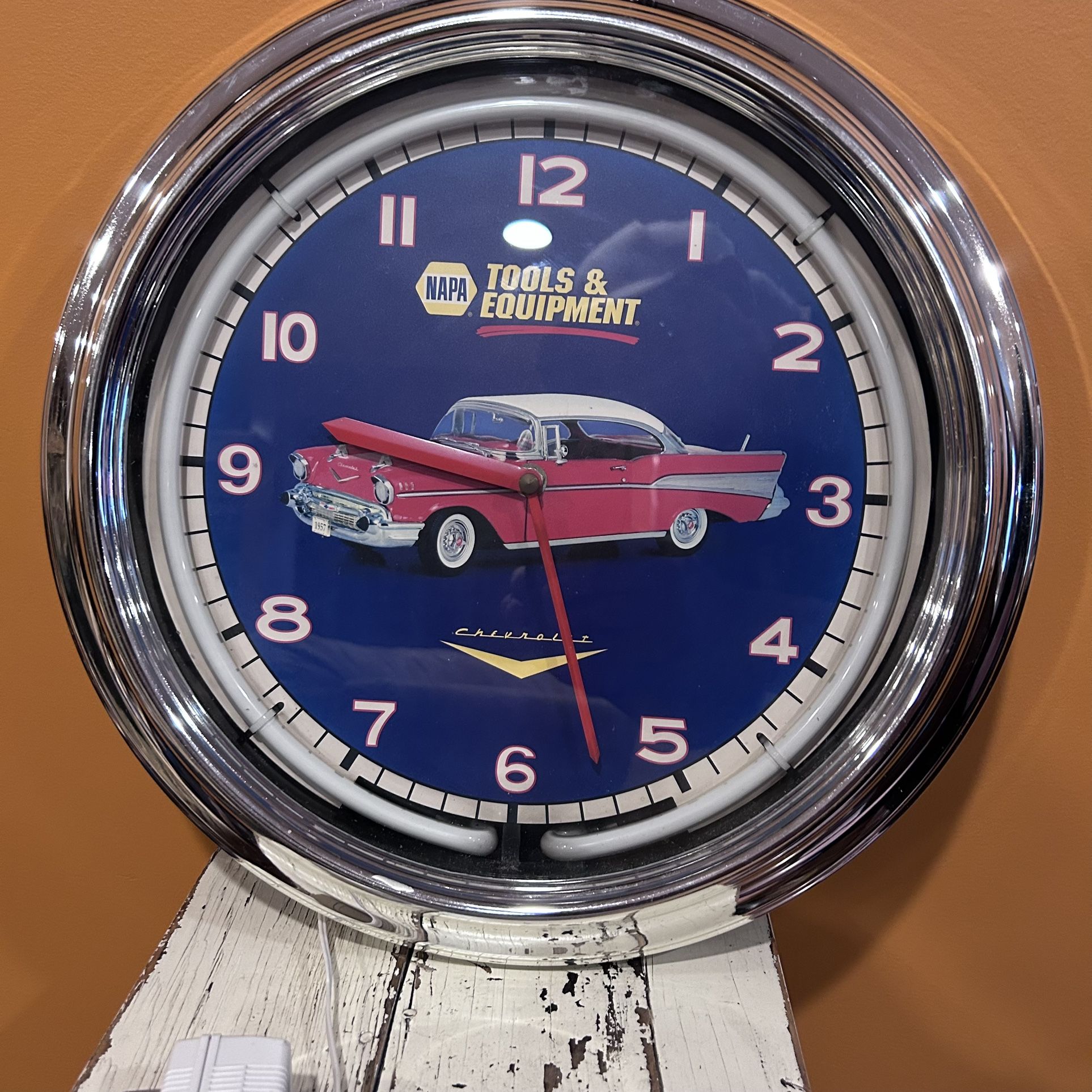 Retro Clock Napa 1957 Chevy Belair Wall Clock, Blue And Red 16 Inch Neon.