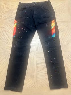 Men’s blac designer graffiti splattered paint rainbow distressed black biker jeans size 36x32