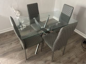 Glass Dining Table with 4 Grey Chairs