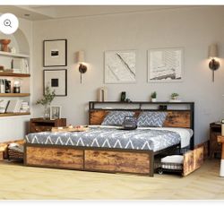 King Bed Frame with Storage Drawer & Charging Headboard in Vintage Brown