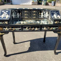 Vintage Black Lacquer Mother of Pearl Desk Vanity Chinoiserie