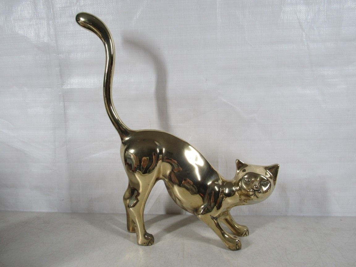 Siamese Cat Polished Solid Brass Mid Century Statue Korea 15" Tall
