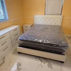 Queen Size Bed Frame With Mattress And 1 Nightstand And Dresser And Mirror All New Furniture Free Delivery Free Installed 
