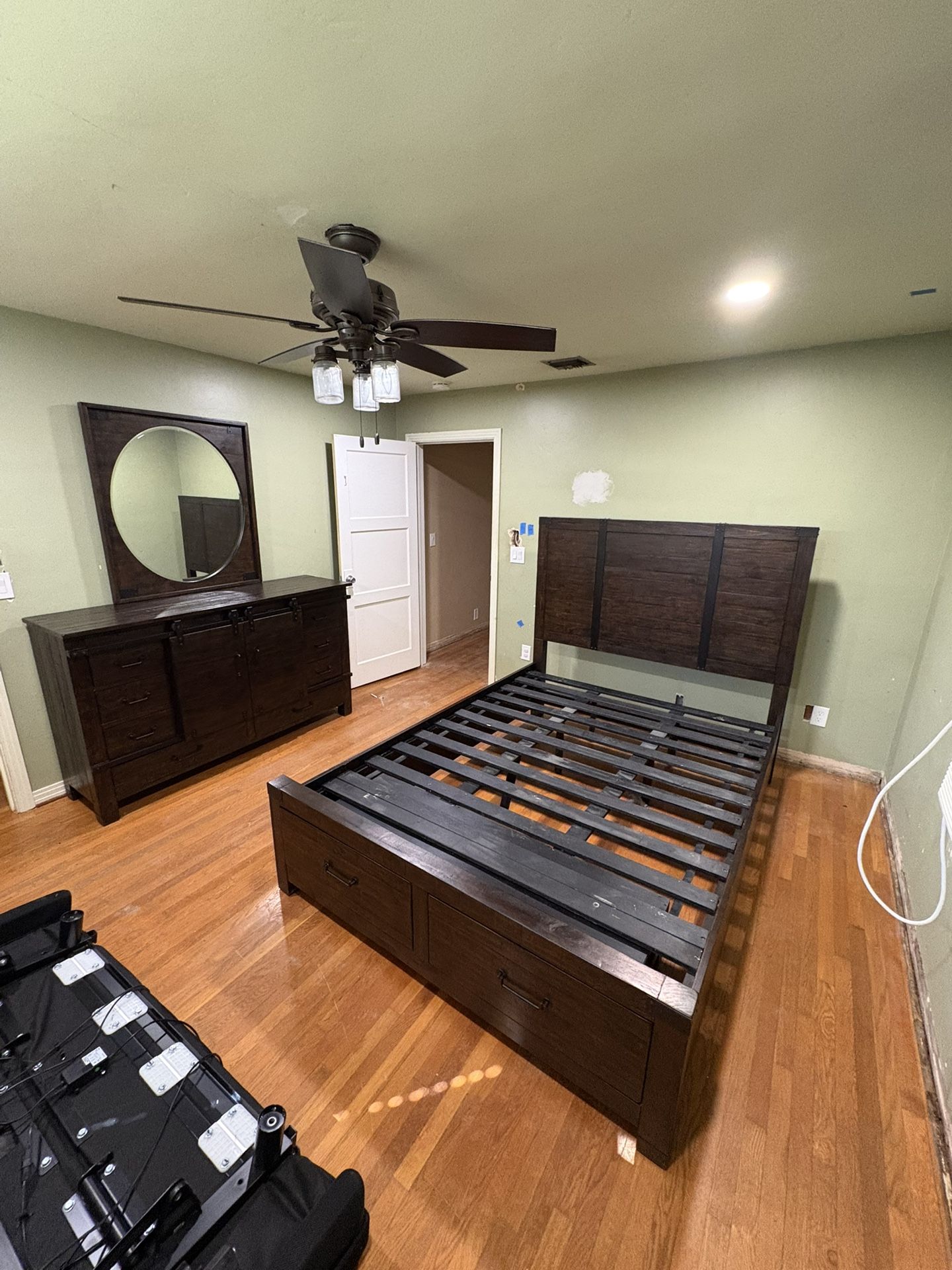 Rustic Magnussen Sliding Barn Door Dresser & Matching Queen Bed Frame