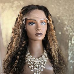 24"  Curly Human Hair  Highlighted  Brown Blonde Natural Black  Lace Front 13x4x1