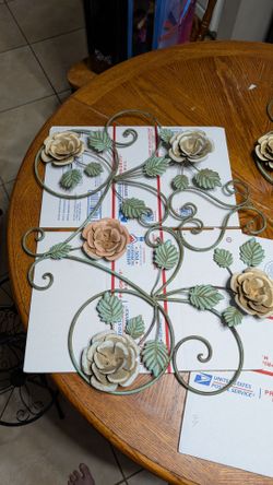 Vintage MCM Solid Wrought Iron Floral Wall Plaque Set