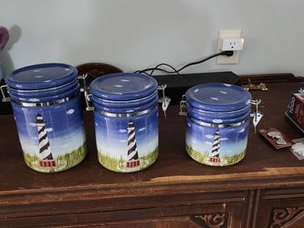 Vintage Hand-Painted Lefton Lighthouse Canisters-Set Of 3