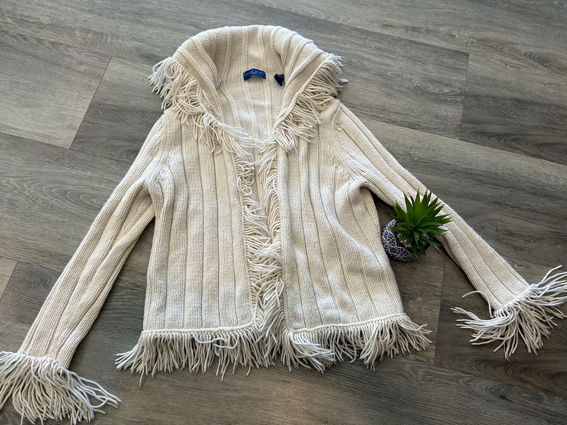 Beige Color Fringe Open Cardigan 