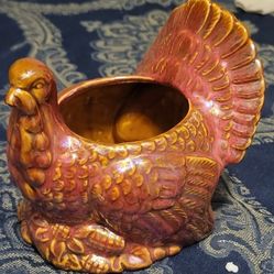 Red and Gold Ceramic Turkey GRAVY Serving Dish Bowl * 6"x6" * Rainbow Dichroic