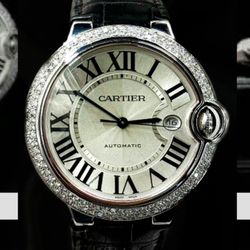 Cartier Ballon Bleu 42MM Silver Dial Leather Strap (W69012Z4)
