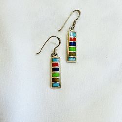 Sterling Silver Multicolor Inlay Rectangle Earrings – Southwest Style