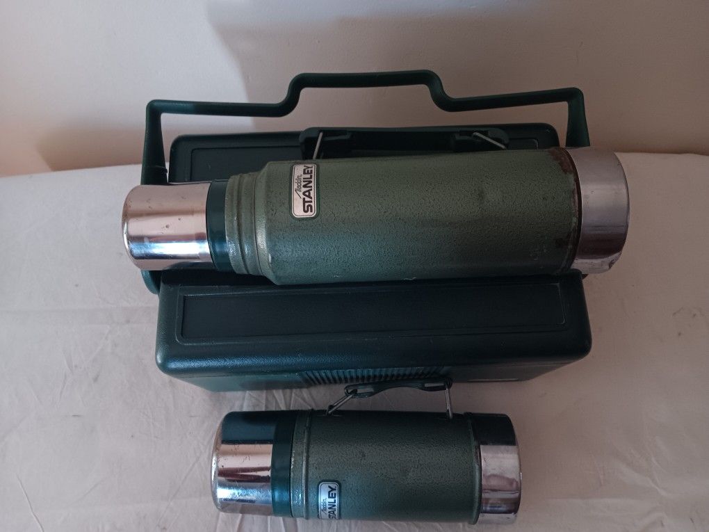 Vintage Stanley lunch box and 2b thermoses one wide mouth one tall boy