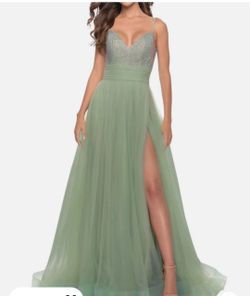 Sage Green Tulle Beaded Bodice Prom Gown