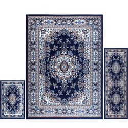  Area Rug 3 Piece Set (4'11" x6'11,1'8" x4'11,1'8" x2'8), Border Navy Blue