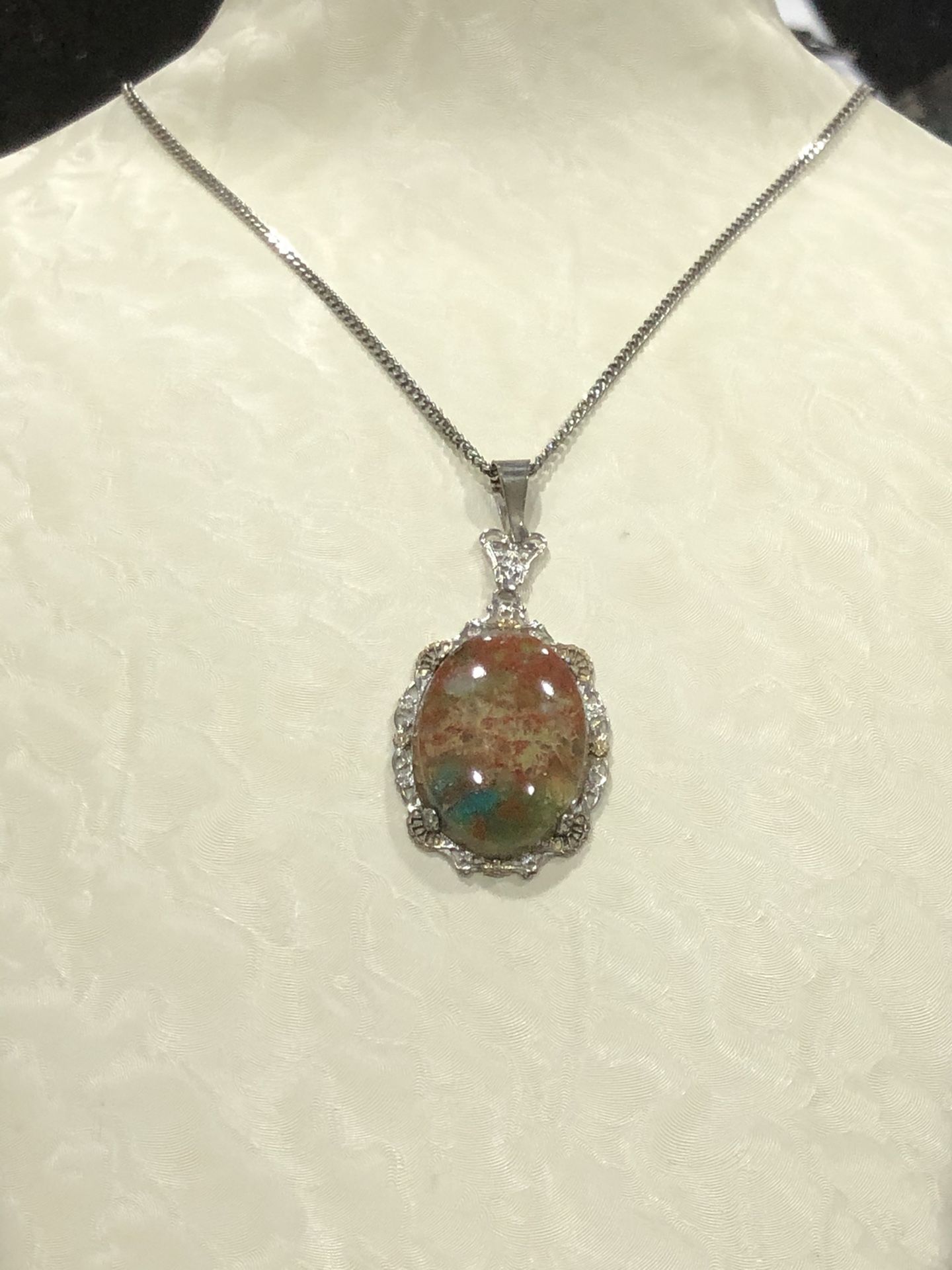 Turquoise Necklace Pendant ,engraved 2 Color Sterling Silver On Oval Turquoise 2”, Italian 925 Chain 18”