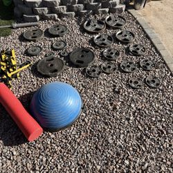 Home Gym Equipment Lot - Weights, Bench, Barbell, Bosu Ball, Foam Roller - Weider Weights 2” 